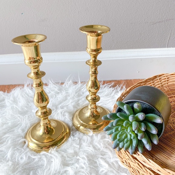 Vintage MCM Gold Brass Candle Sticks - Set of 2